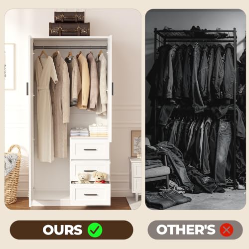 White Wardrobe Closet with Doors, 3 Drawers & Hanging Rod - Armoire 66.5'' H x 31.5'' W x 18.1'' D