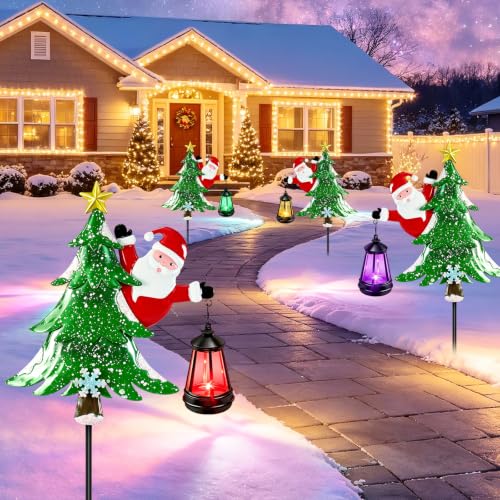 Solar Christmas Tree Stakes with Lantern - Santa & Tree Outdoor Yard Decor (2 Pack)