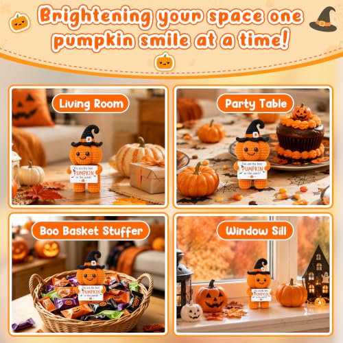 Halloween Pumpkin Basket Stuffers with Handmade Crochet Witch Hat for Fall Gifts