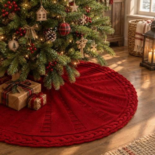 Medium Braided Cable Knit Christmas Tree Skirt - Neutral Farmhouse Holiday Decor