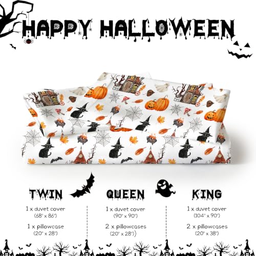 Halloween Duvet Cover Set Queen with Pumpkin Haunted House Pattern, Orange & White