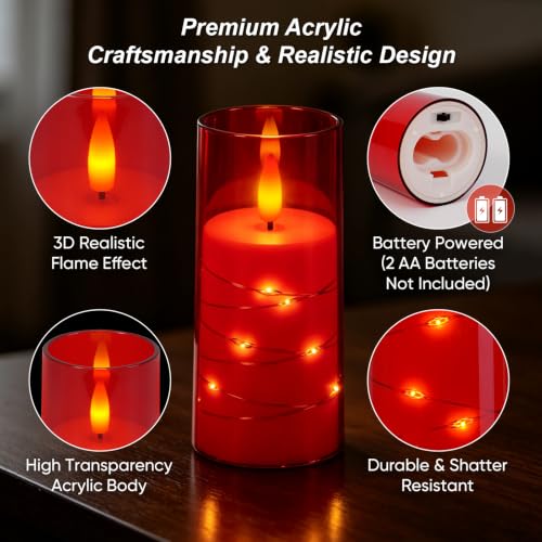 3pcs Red Flameless Battery-Operated Pillar Candles with Remote Timer