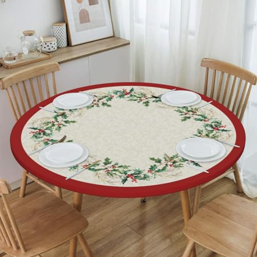 Christmas Round Tablecloth with Elastic Edge - 50 Inch Green Leaf Red Tan