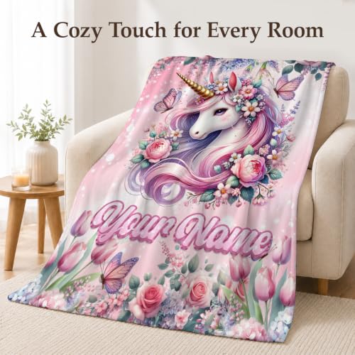 Pink Personalized Unicorn Blanket for Girls - Custom Floral & Butterfly Gift
