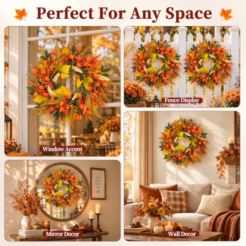 22 Inch Fall Harvest Wreath with Lantern Flowers and Wheat - Front Door Decor