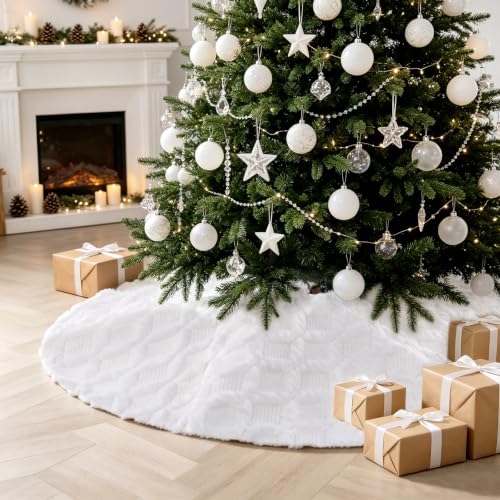 Cream Knitted Christmas Tree Skirt 24 Inch Plush Faux Fur Decor Collar