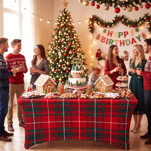 Christmas Plaid Spandex Tablecloth 6FT Red and Green Plaid - Fitted Holiday Table Cover - Variation: Plaid