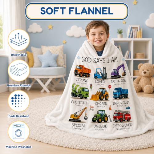God Says I Am Construction Truck Throw Blanket for Boys - Christian Bible Verse Kids Bedding - 40x50 Inches - Religious Gift for Boys Variation of THIS listing