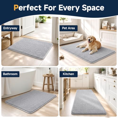 Grey Bathroom Rug 30x20 Chenille Non Slip Absorbent Quick Dry Bath Mat - Soft Floor Rug Set