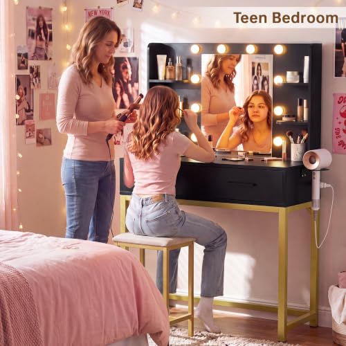 YESHOMY 31.5'' Small Vanity Desk with LED Mirror, Black - 3-Mode Lighting, Built-in USB/ outlets