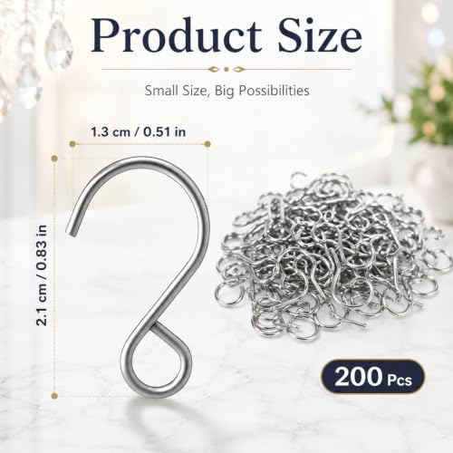 200 Stainless Steel S Hooks for Suncatchers and Hanging Decorations