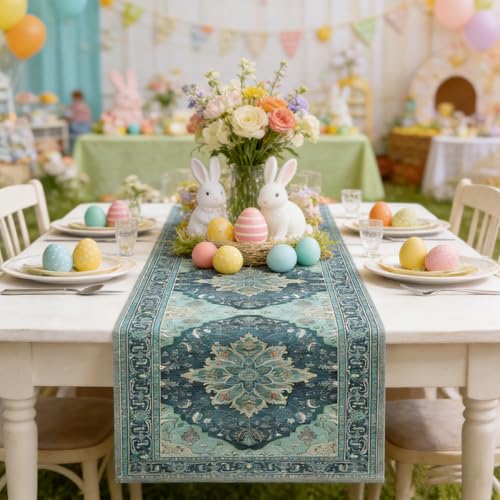 Teal and Blue Boho Floral Summer Table Runner 13x90 Inches for Home & Party Decor