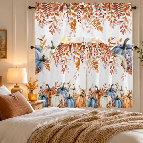 Fall Pumpkin Swag Curtain Set with Valance and Eucalyptus Leaves - 3 Pieces, 27.5W x 24L, Orange Blue White Terracotta Variation of THIS listing