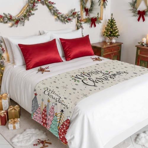 83x20 Beige Christmas Tree Bed Runner Scarf Full Queen Size Winter Holiday Decor
