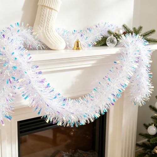 6.5FT Iridescent Christmas Tinsel Garland - Glitter Foil Holiday Decorations