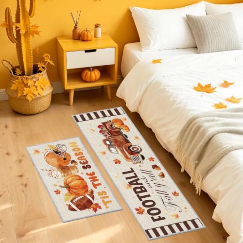 Fall Football Pumpkin Kitchen Rugs Set - 16x28 Inch, 2 Pieces
