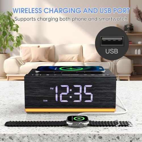 Wooden Digital Alarm Clock with Wireless Charging & Bluetooth Speaker