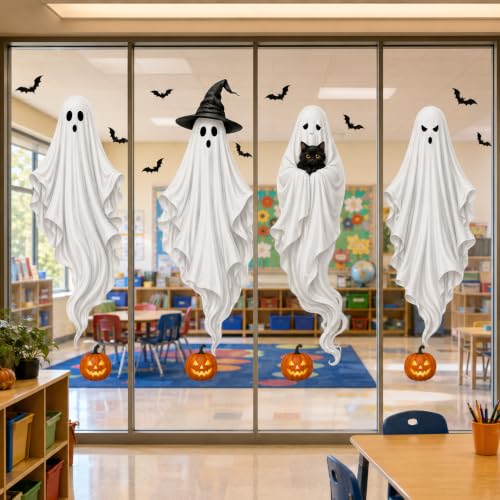 Extra Large Halloween Window Clings - Ghost Witch Hat Pumpkin Decals - Ghost Witch Hat Pumpkin Variation