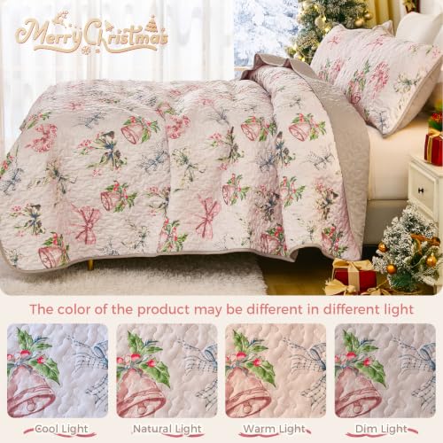 Christmas King Quilt Bedding Set with Bells & Bows Pattern - King Size 110x90