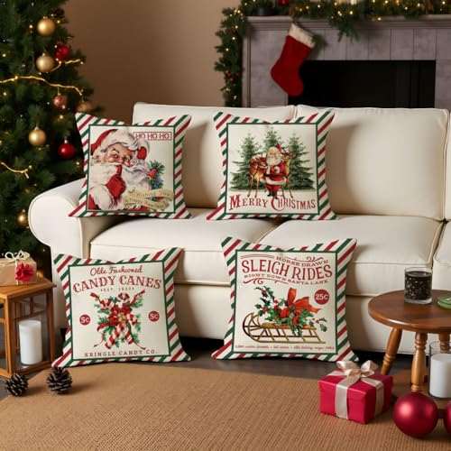 Christmas Pillow Covers 18x18 Set of 4 - Green Red Stripe, Farmhouse Decor
