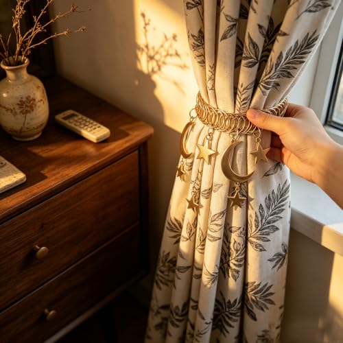 Golden Moon Star Metal Elastic Curtain Tiebacks - 2 Pack, Decorative Boho Holdbacks