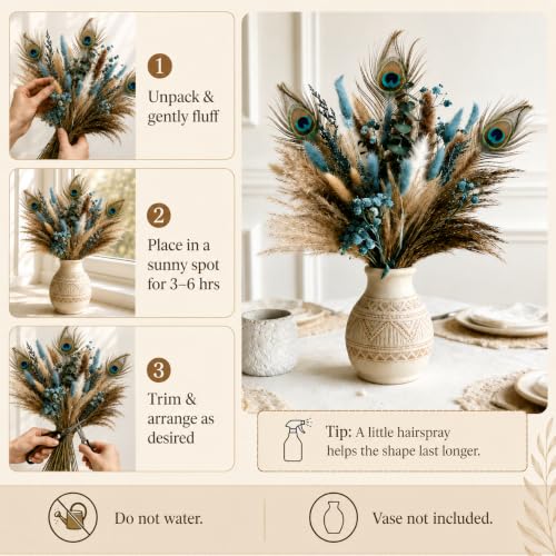 Teal Blue Turquoise Boho Bouquet with Dried Pampas Grass - 75 Pcs