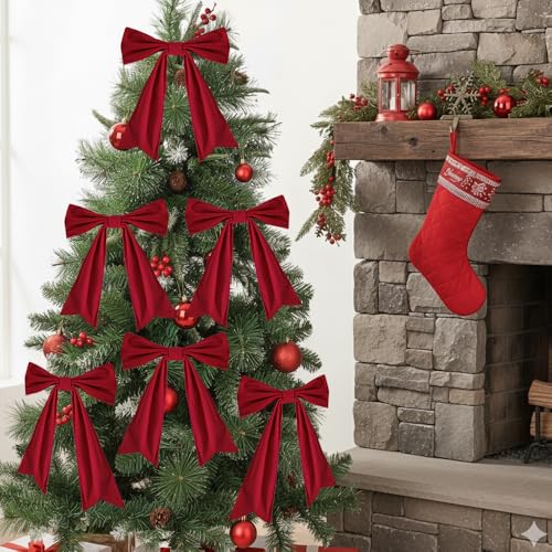6 Pack Extra Large Red Velvet Bowknot Christmas Tree Ornaments - Indoor Holiday Decor