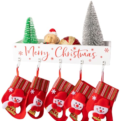 Christmas Stocking Holders with Wooden Box & 5 Hooks - Snowflake White