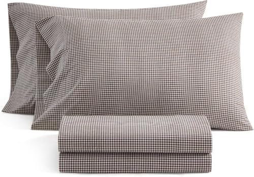 King Cotton Percale Sheet Set with Deep Pocket & Gingham Brown - Martha Stewart