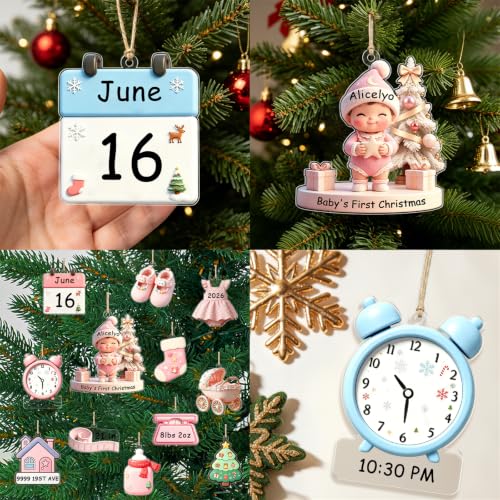 12 Pcs Baby's First Christmas Ornament Set - Blue Acrylic Flat Keepsake Decorations with Pen