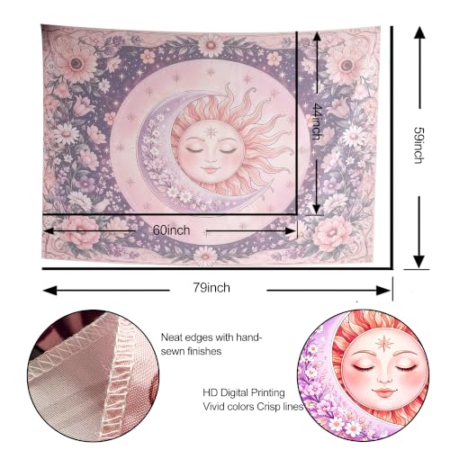 Purple & Pink Boho Sun and Moon Tapestry Wall Hanging 60x44 Inches - Bedroom Decor