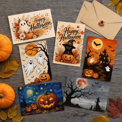 Halloween Greeting Cards Set with Envelopes and Stickers - 24 Pack 4x6in