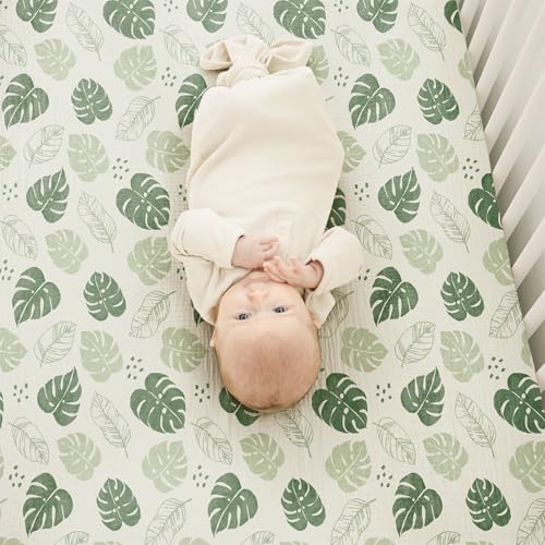 Konssy Muslin Crib Sheets for Boys, Soft Cotton Neutral Baby Sheets for Standard Crib Mattress 2 Pack, 52"x28" (Coffee Check,Moon)
