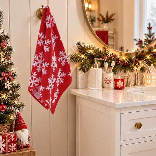 2pcs Christmas Snowflake Hand Towels Red White Seasonal Decor