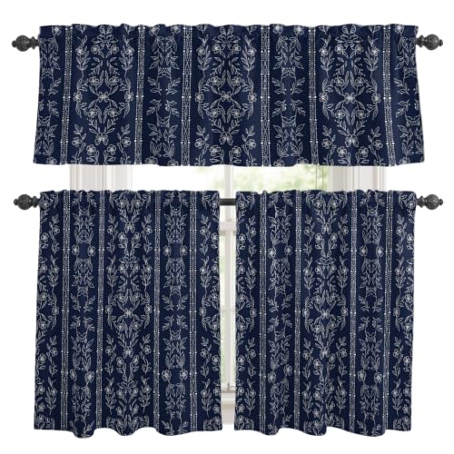 Navy Blue Floral Kitchen Curtains Set Valance & Tier 3 Pieces 54x18+27x24 Variation