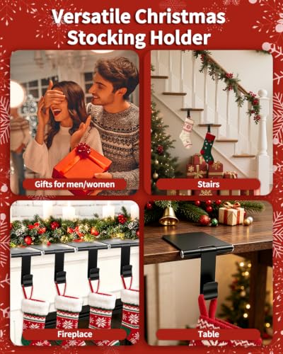 Christmas Stocking Holders for Mantle - Black 4 Pack, No-Damage Adhesive Hooks