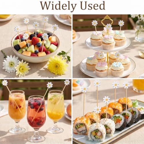 100pcs Bamboo Flower Toothpicks with White Daisy Design for Food & Party Decor
