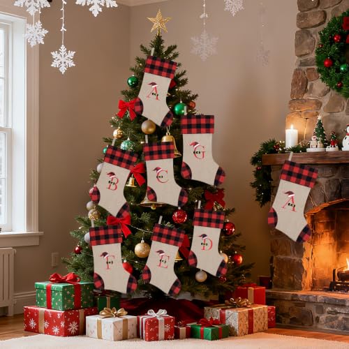 Personalized 20 Inch Monogram Burlap Christmas Stocking - Letter H, Red Black Buffalo Plaid