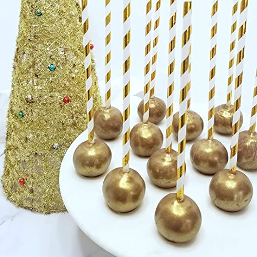 Gold and White Striped Paper Drinking Straws - 100 Count Disposable Party Cocktail Straws for Birthday Wedding Christmas Holiday - Variation of Gold White Striped