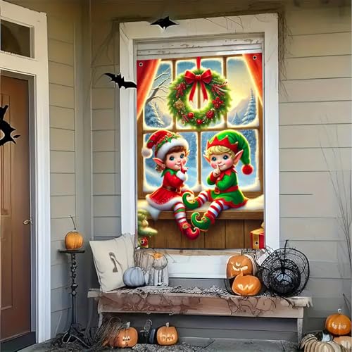 Christmas Window Banner Cover 32x47 Inch - Red Elf Scene Holiday Decor