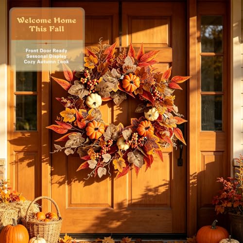 Artificial Fall Wreath for Front Door - Orange-Brown 22-24 Inch Autumn Decor