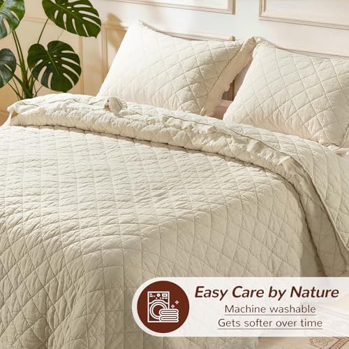 King Size Linen Quilt Set with Cotton Back & Diamond Stitch - Flax & Cotton Bedding