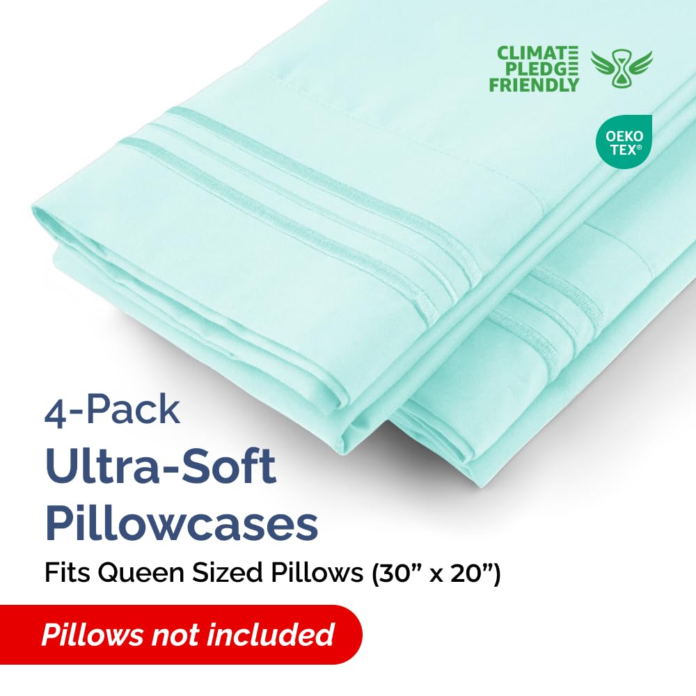 Queen Pillow Cases Set of 4 - Ultra Soft Hotel Quality Pillowcase Covers - Comfy, Cozy & Wrinkle Free - Shrinkage, Stain & Fade Resistant - Machine Washable Pillow Protectors - 4 Piece Set - Spa Blue