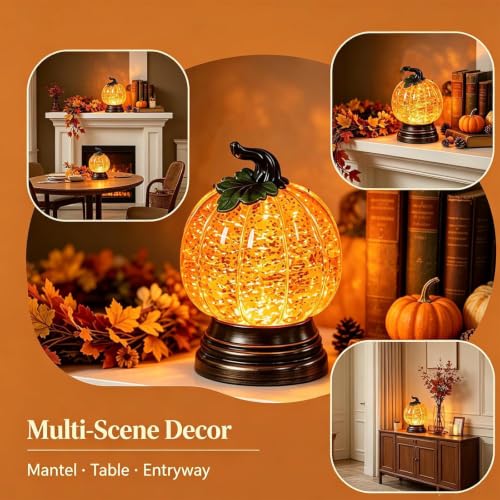 Glitter Lighted Pumpkin Snow Globe - Halloween Decor with Warm Orange LED - Without Battery