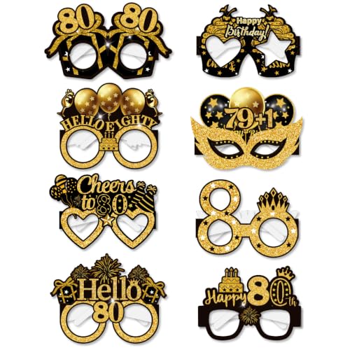 16PCS Gold 80th Birthday Glasses Photo Props Party Decorations