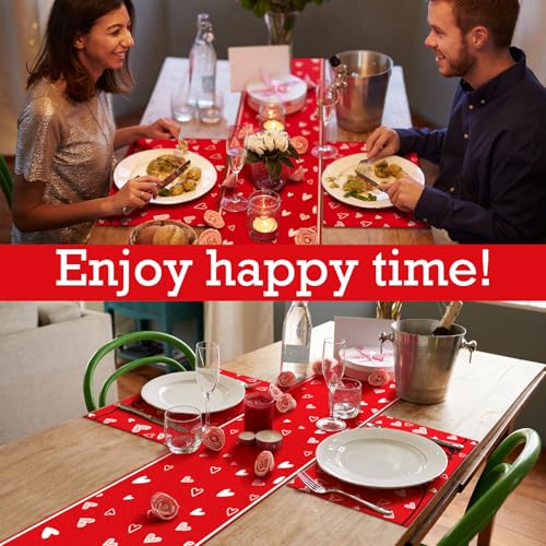 Valentine's Day Table Runner & Placemats Set - Heart Decor for Dining Table - 7 Pieces
