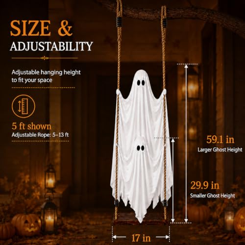Outdoor Hanging Ghost Decorations, 5 FT Large Swinging Ghost Set for Halloween Yard