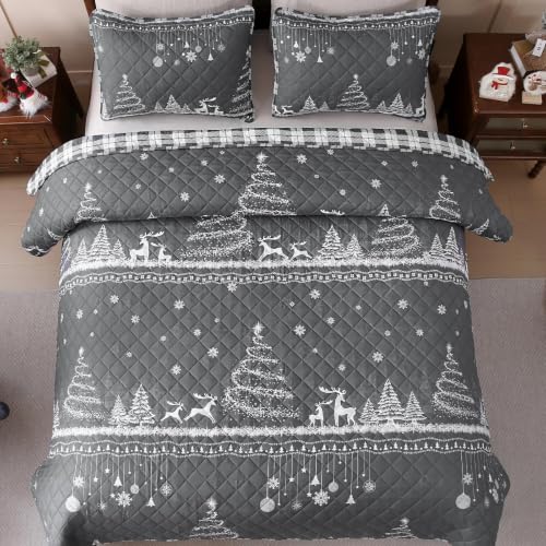 Grey Christmas King Quilt Set with Pillow Shams - Snowflake Elk Tree 96x106