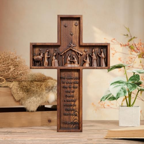 9.8 Inch Nativity Wall Crucifix Cross Handmade Christmas Faith Gift - Nativity Scene