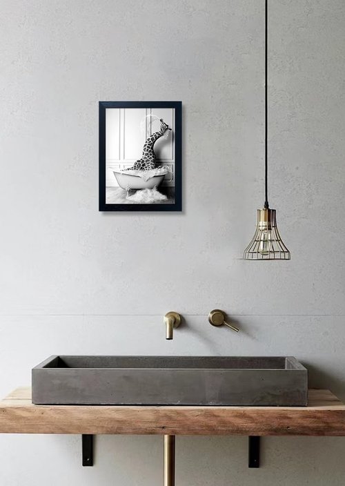 Funny Giraffe in Bathtub Canvas Wall Art - Black and White Bathroom Decor | Framed Farmhouse Style